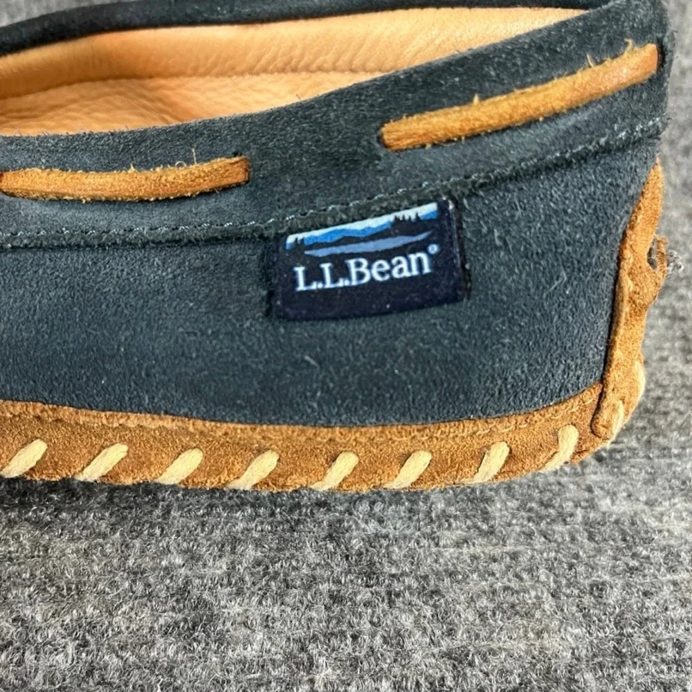 LL Bean Mens 8M Navy Suede Soft Sole Moccasin Slippers Whipstitch Blue Tan